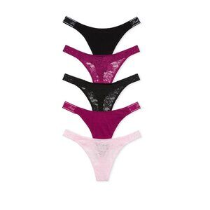 Victoria's Secret 5-PACK LACE-UP LOGO THONG PANTIES (L) NIB!